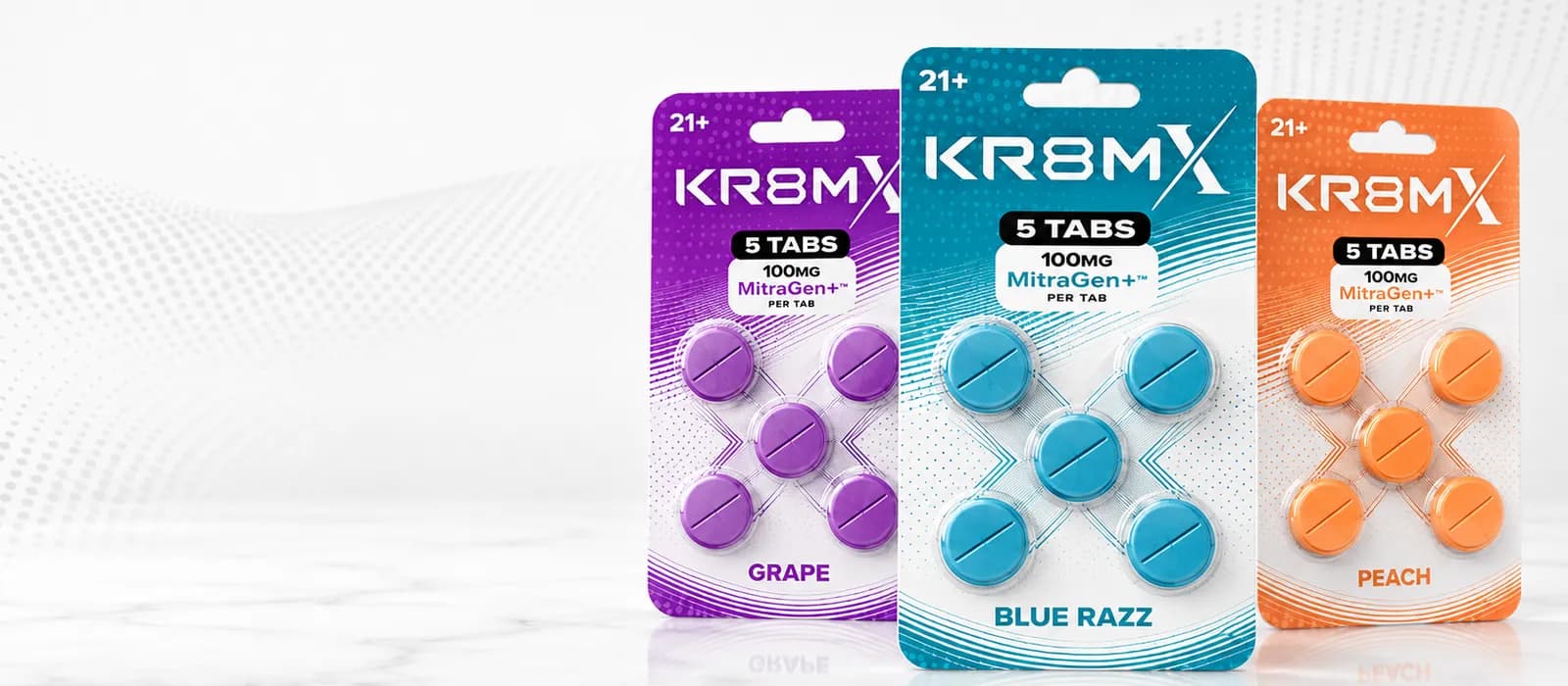 KR8MX Tablets in blister packs: Grape, Blue Razz, and Peach, 5 tablets with 100 mg MitraGen+ per tablet
