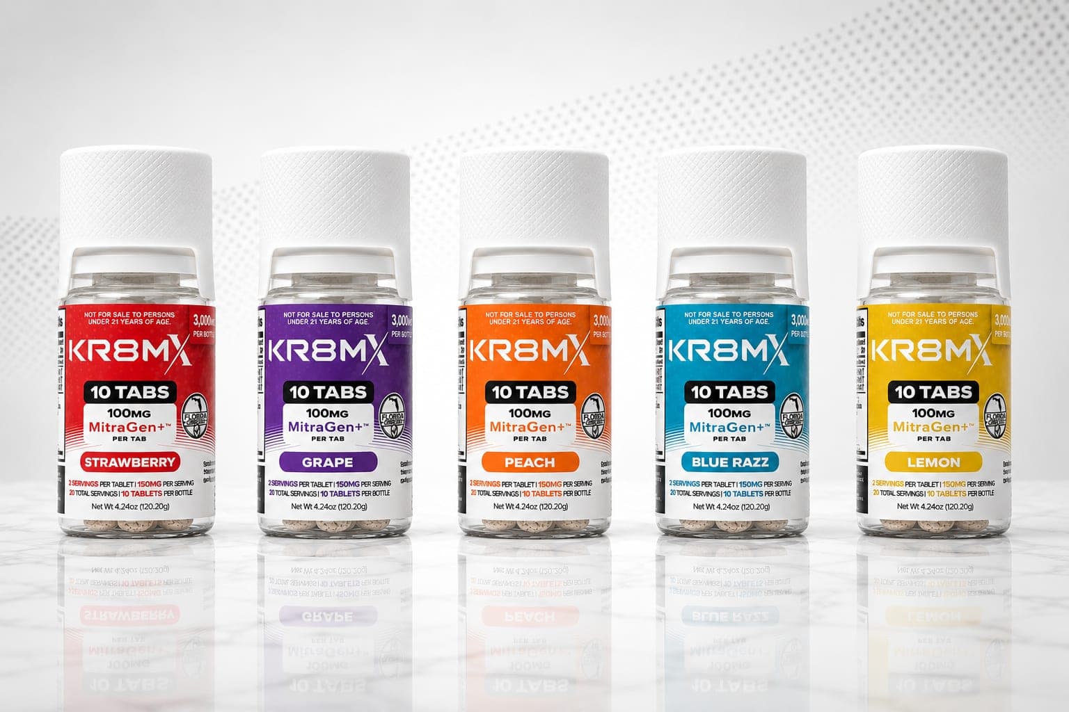 KR8MX Tablets, five flavors: Strawberry, Grape, Peach, Blue Razz, Lemon